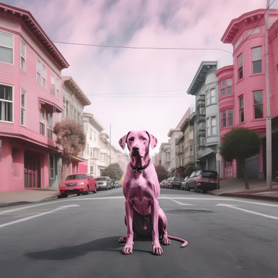 Ein rosa Hund mitten in der Stadt San Francisco von Kurt Heppke