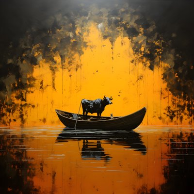 Eine Kuh in einem Boot auf einem See von Kurt Heppke