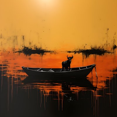 Eine Kuh in einem Boot auf einem See von Kurt Heppke
