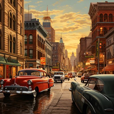 Eine Stadt in den 50er Jahren mit roten Autos von Kurt Heppke
