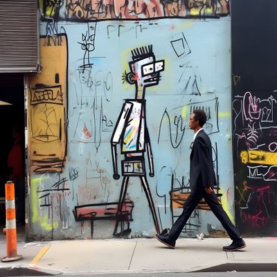 Eine gemalte Figur wird lebendig, als sie eine Straße in New York entlangläuft, surreales Foto von Kurt Heppke