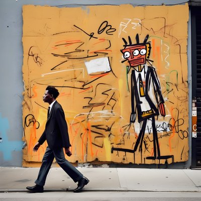 Eine gemalte Figur wird lebendig, als sie eine Straße in New York entlangläuft, surreales Foto von Kurt Heppke
