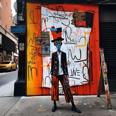 Eine gemalte Figur wird lebendig, als sie eine Straße in New York entlangläuft, surreales Foto von Kurt Heppke