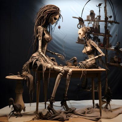Eine große Puppe auf einem Tisch mit einem Skelett darauf von Kurt Heppke