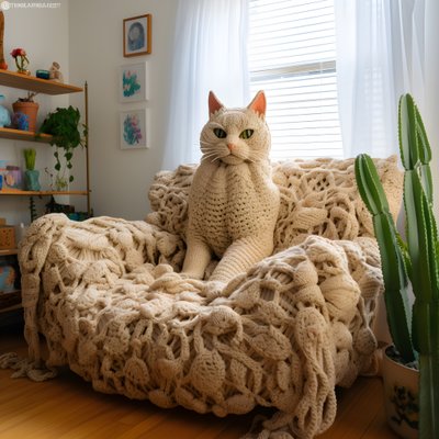 eine riesige gehäkelte Katze in einem realistischen Wohnzimmer von Kurt Heppke