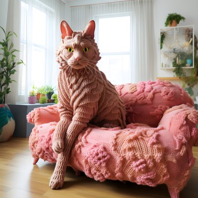 eine riesige gehäkelte Katze in einem realistischen Wohnzimmer von Kurt Heppke