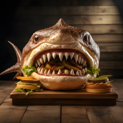 Haifischkopf-Cheeseburger mit Rindfleisch von Kurt Heppke