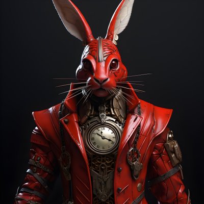 Männlicher anthropomorpher kybernetischer Uhrenpunk-Androidenhase, in rotem Gehrock 1 von Kurt Heppke