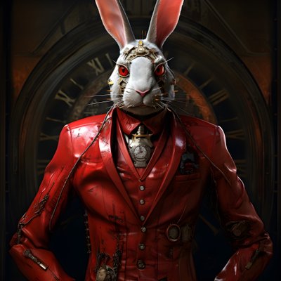 Männlicher anthropomorpher kybernetischer Uhrenpunk-Androidenhase, in rotem Gehrock 2 von Kurt Heppke