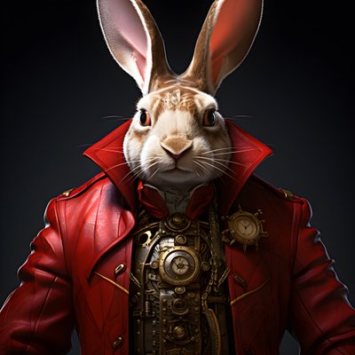 Männlicher anthropomorpher kybernetischer Uhrenpunk-Androidenhase, in rotem Gehrock 4 von Kurt Heppke