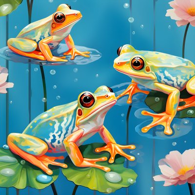 nahtloses Muster eines Gemäldes von hübschen orange und gelb Cartoon Fröschen sitzen auf den Lilien Laub auf dem Wasser regen aus Aquarell von Kurt Heppke