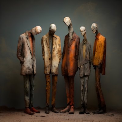 Vier nebeneinander stehende Tonfiguren von Männern 1 von Kurt Heppke