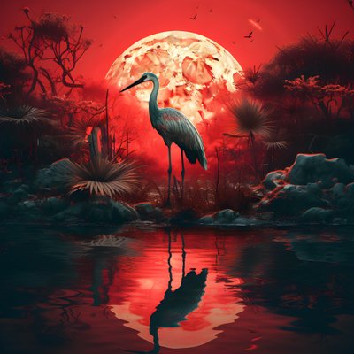 Wasser und ein großer Vogel im Abendlicht des Vollmonds von Kurt Heppke