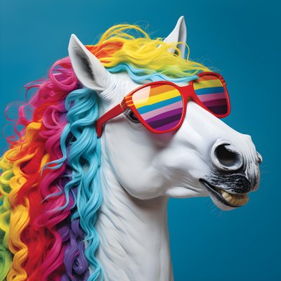 Weißes Pferd mit Regenbogenbrille auf blauem Hintergrund 1 von Kurt Heppke