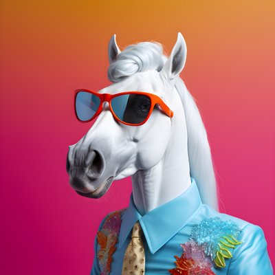 Weißes Pferd mit Regenbogenbrille auf blauem Hintergrund 3 von Kurt Heppke