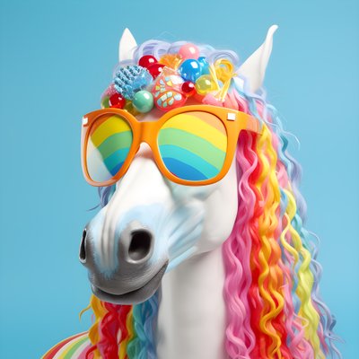 Weißes Pferd mit Regenbogenbrille auf blauem Hintergrund 4 von Kurt Heppke