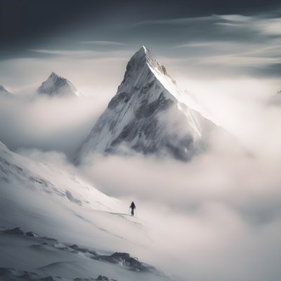 Zwei Menschen beim Skifahren über einem wolkenverhangenen Berg von Kurt Heppke