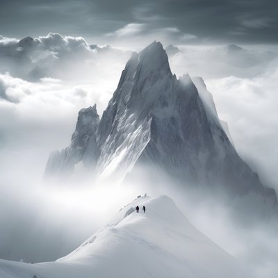 zwei Menschen beim Skifahren über einem wolkenverhangenen Berg von Kurt Heppke