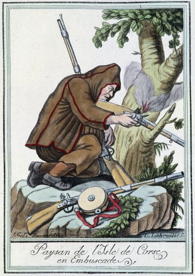 Bauer von der Insel Korsika im Hinterhalt - in „Encyclopédie des voyages“ von J. Grasset St Sauveur, Deron, Paris von L.F. Labrousse