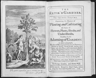 Frontispiz zu The Retird Gardener von George London und Henry Wise, graviert von Van der Gucht, 1706 von L. Laguerre