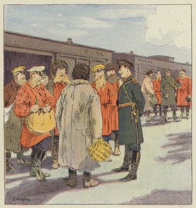 Halt eines Zuges mit Reservisten auf dem Weg nach Mandschurei von L. Malespine