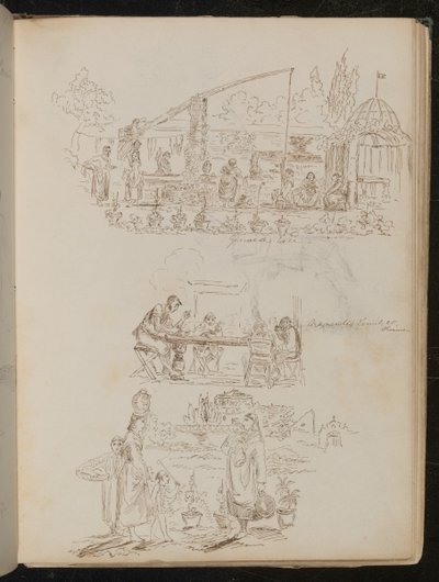 Ein Garten- und Wäscheszene mit weiblichen Figuren mit der Aufschrift Genuesischer Brunnen, und eine Studie von vier Figuren mit der Aufschrift Manentis Familie beim Abendessen von Lady Butler