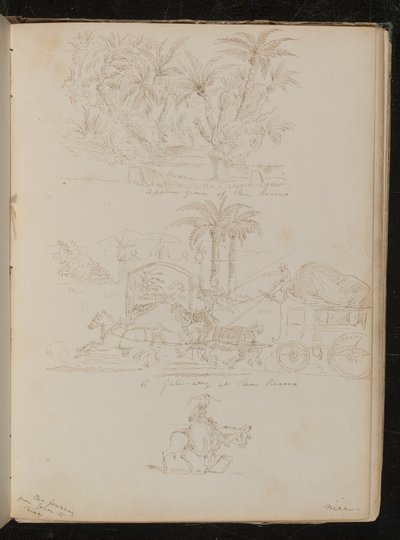 Ein Palmengarten in San Remo, eine Pferdekutsche vor einem Tor in San Remo, eine weibliche Figur zu Pferd von Lady Butler