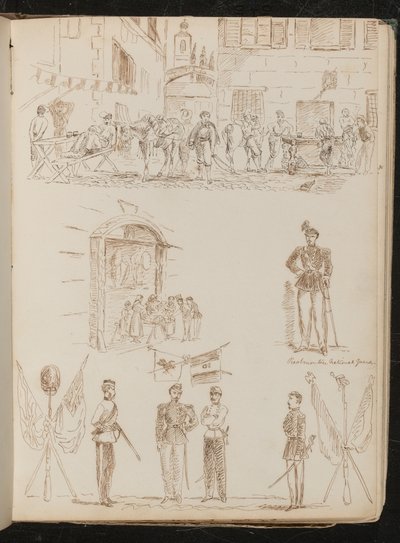 Stadtszene mit trinkenden Soldaten, Marktstand, piemontesische Nationalgarde, vier Soldaten und gekreuzte Fahnen von Lady Butler