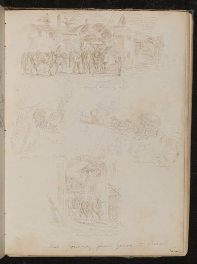 "Pferdewechsel bei Nacht", "hinunter nach Lagoletto", "aufsteigend zur Turbia" und "durch ein Dorf hindurch" von Lady Butler