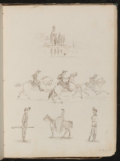 Fünf Studien einer Kirche, Soldaten in voller Uniform zu Pferd, ein Soldat auf Wache und eine Studie einer Frau im Damensattel reitend von Lady Butler