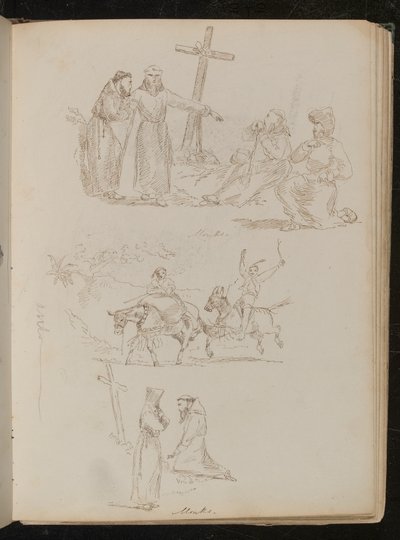 Vier Figuren neben Holzkreuz, Studie von zwei Jugendlichen mit Stöcken auf Eseln, Studie von zwei Mönchen, einer kniet vor Holzkreuz von Lady Butler