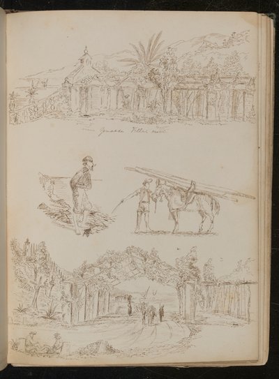 Studie einer "genuesischen Villa", ein Mann mit Pfeife, ein Packpferd, ein landschaftlich gestalteter Torbogen mit Figuren von Lady Butler