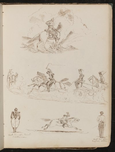 Studie von Soldaten auf Pferden, die Kanonen ziehen, zwei Ansichten von Artilleristen, ein Soldat in voller Montur auf galoppierendem Pferd von Lady Butler