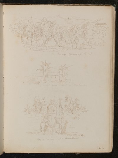 Studie der Orangenbauern von Nizza, architektonische Studie einer Kirche und eines Klosters an der Straße, Nizzard-Frauen an einem Brunnen von Lady Butler