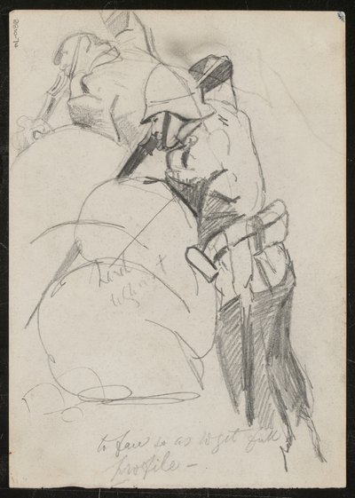 Zwei Soldaten, die über Sandsäcke nach unten schießen, beschriftet "um das volle Profil zu erhalten", 1879 von Lady Butler