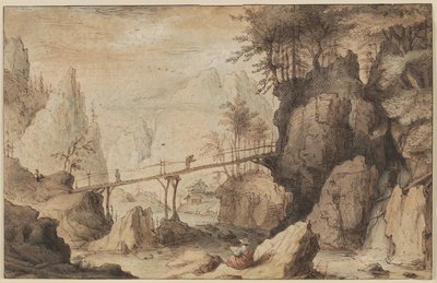 Zeichner auf einem Stein vor einer Brücke von Lambert Doomer