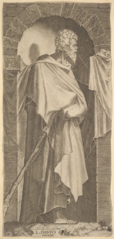 St. Jakobus Minor in einer bogenförmigen Nische, einen Wanderstock in den Händen haltend, 1545 von Lambert Suavius
