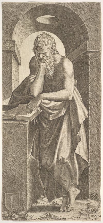 St. Simon vor einem offenen Buch mit den Fingern seiner linken Hand darauf von Lambert Suavius