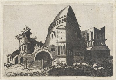 Ruine mit pyramidenförmigem Turm von Lambertus Suavius