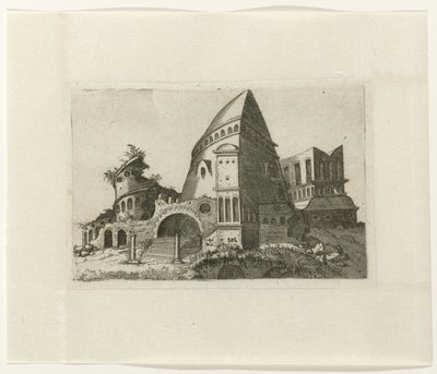 Ruine mit pyramidenförmigem Turm von Lambertus Suavius
