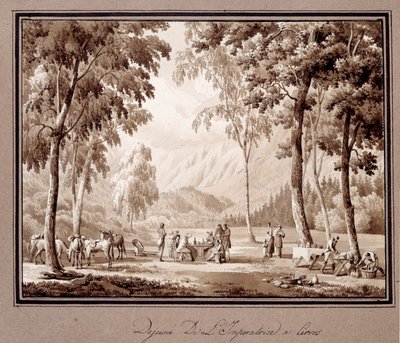 Frühstück der Kaiserin Josephine de Beauharnais in Cervos im Jahr 1810. Zeichnung von Theodore Turpin De Crisse von Lancelot Théodore Turpin de Crissé de Crissé