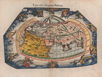 Weltkarte nach Ptolemäus (Typus Orbis Descriptione Ptolemaei) von Laurent Fries aus Gaspar Trechsels Nachdruck von 1541 seiner Karten von 1522 für Ptolemäus