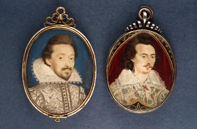 Links: Porträt eines jungen Mannes von Lawrence Hilliard, ca. 1620. Rechts: Porträt eines jungen Mannes von Nicholas Hilliard (1547-1619), ca. 1585 von Lawrence Hilliard