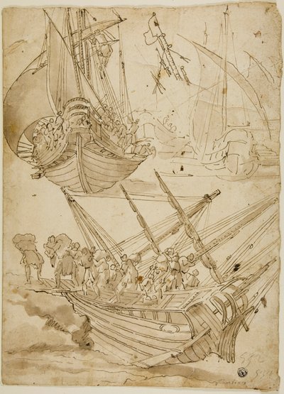 Besatzung verlässt das Schiff (recto); Skizzen von korinthischen Säulen (verso) von Lazzaro Tavarone