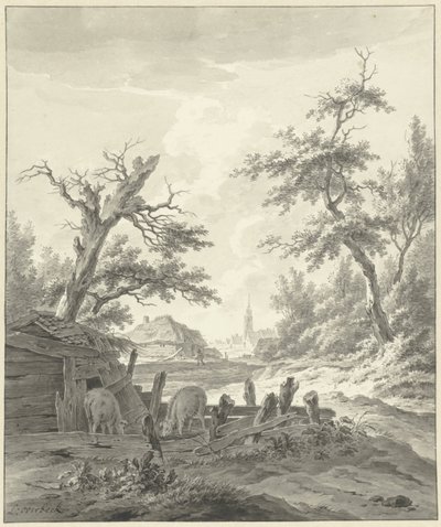 Landschaft mit einem Schweinestall im Vordergrund von Leendert Overbeek