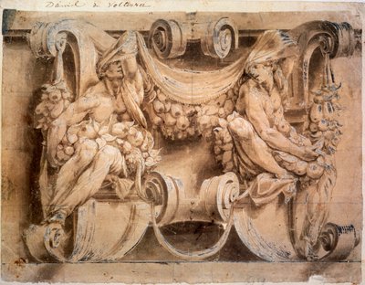 Skizze für ein Fries mit zwei Karyatiden, 1546-1554 von Lelio Orsi da Novellara