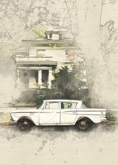 Vintage Auto Altes Haus Skizze von Lembayung senja studio [Vintage Poster]