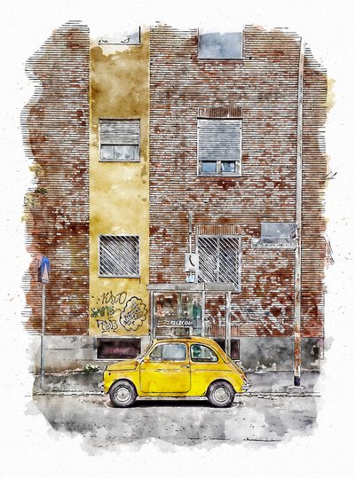 Gelbes klassisches Straßenauto von Lembayung senja studio [Vintage Poster]