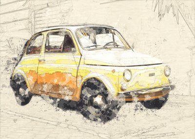 Gelbes altes Auto von Lembayung senja studio [Vintage Poster]