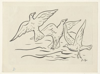 Drei Vögel in der Luft über dem Meer von Leo Gestel (signed by artist)
